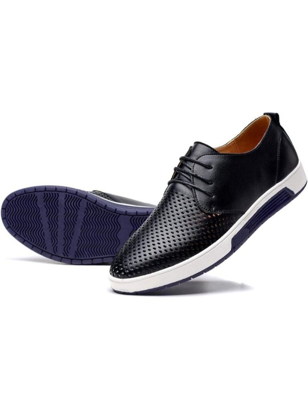 konhill Men's Lk Black PU Leather Lightweight Breathable Lace Up Flat Sneakers